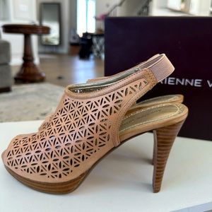 ADRIENNE VITTADINI Leather Laser-cut Heeled Sling-backs, Tan (Nude), Size 8, NWB